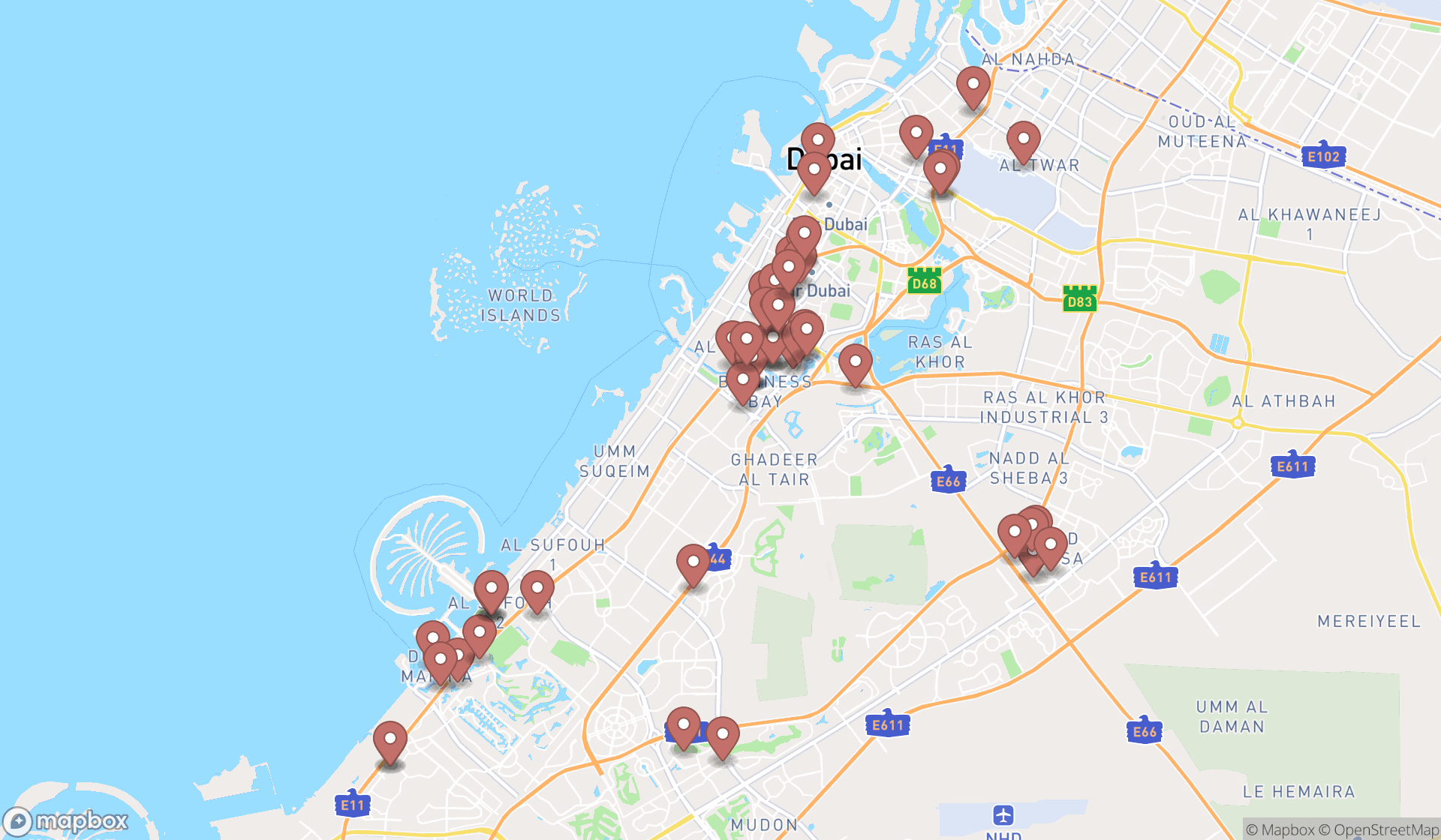 Map showing the search results in Dubai
