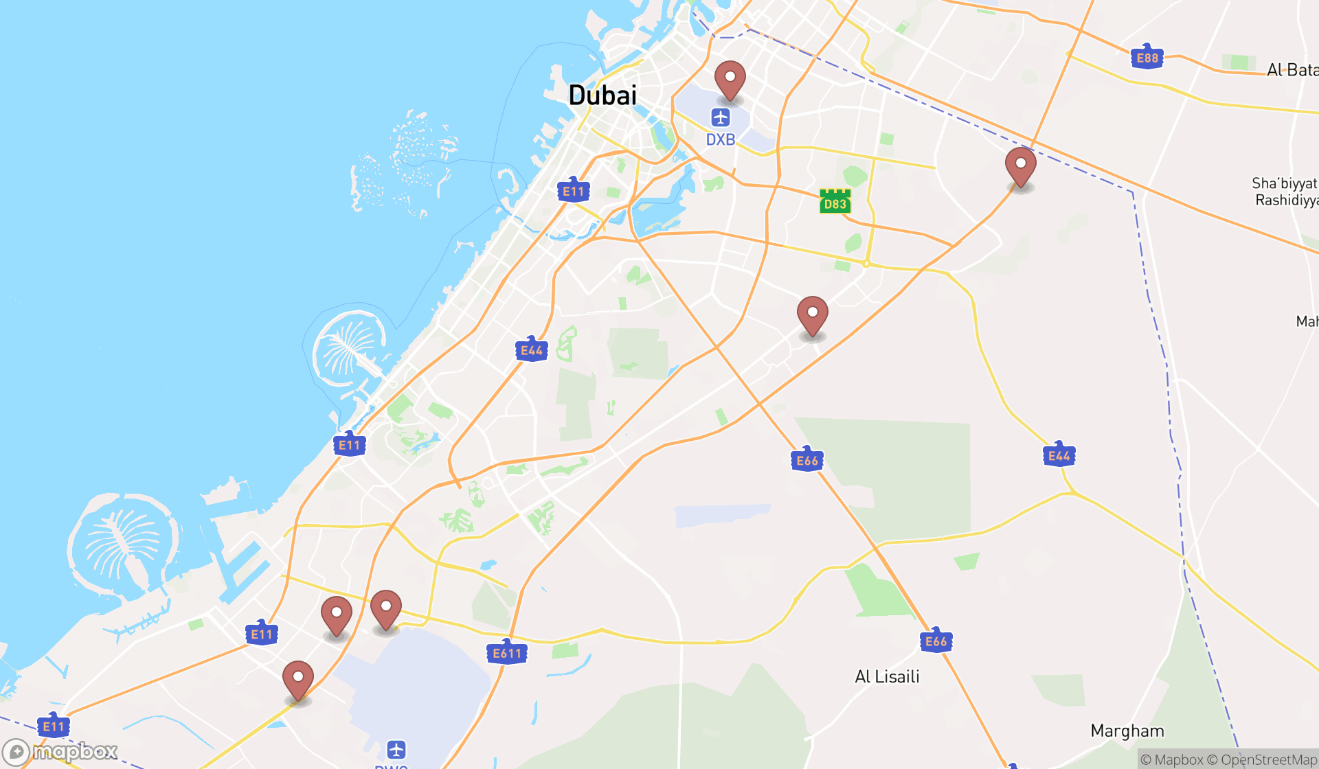 Map showing the search results in Dubai