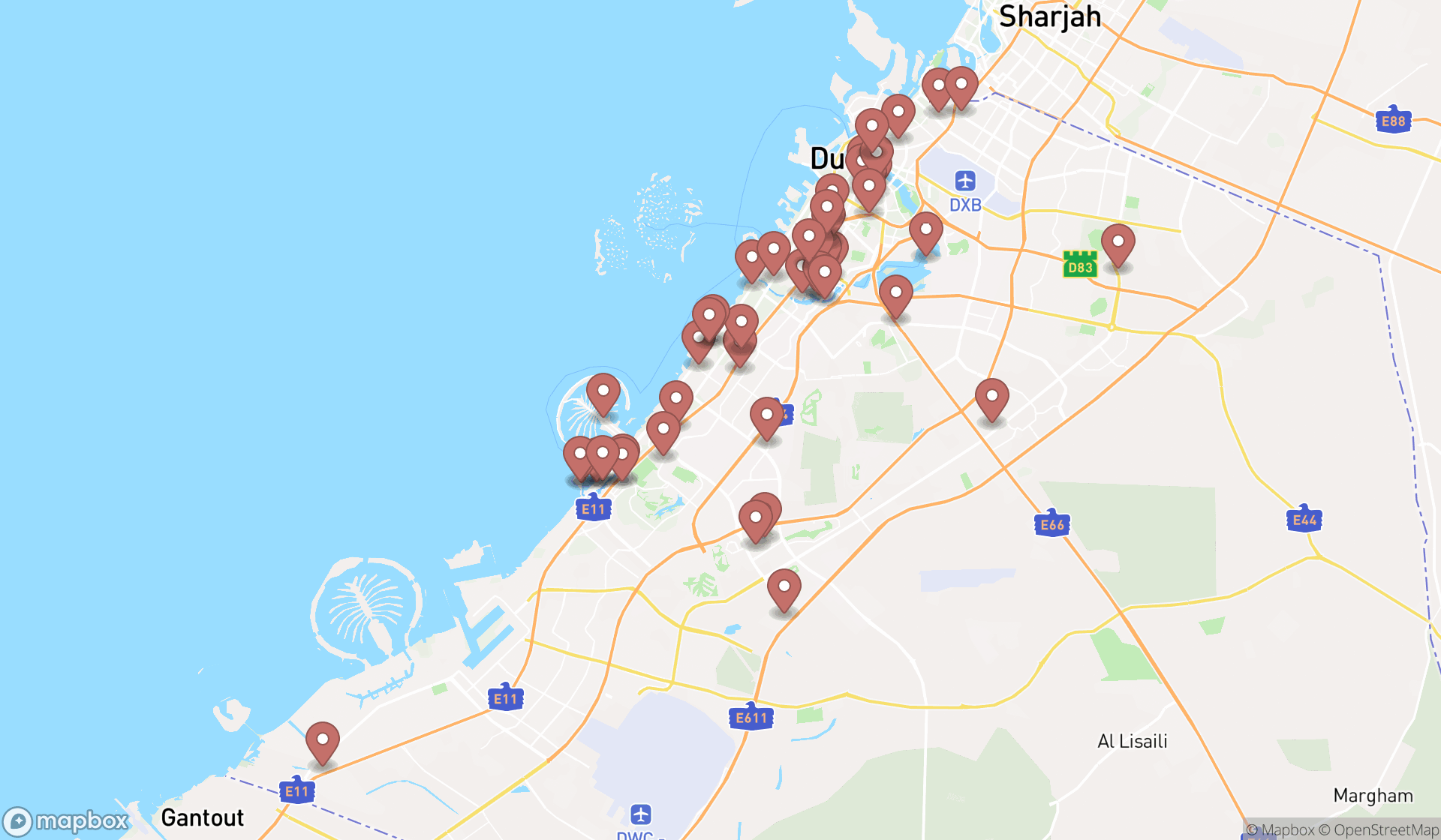 Map showing the search results in Dubai