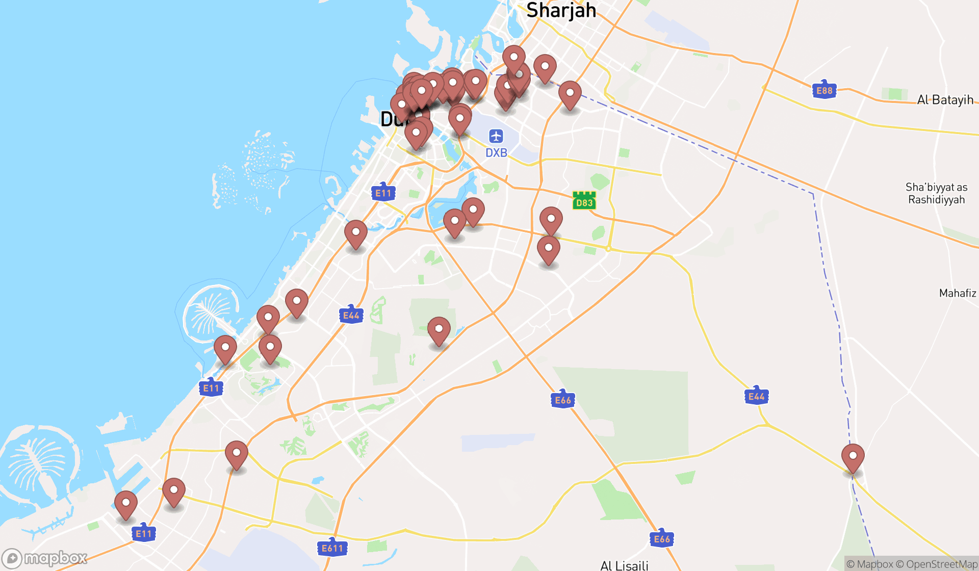 Map showing the search results in Dubai