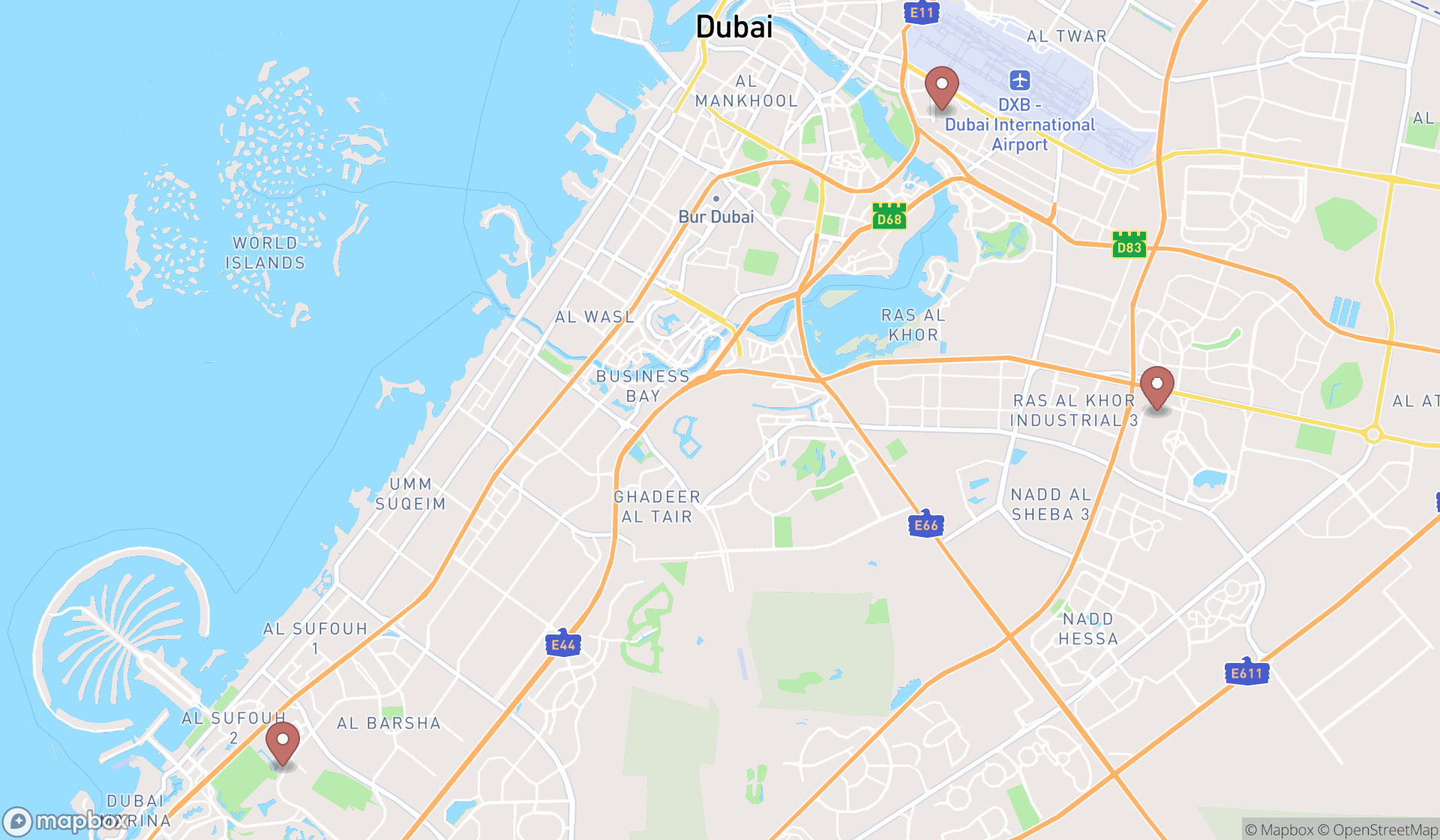 Map showing the search results in Dubai