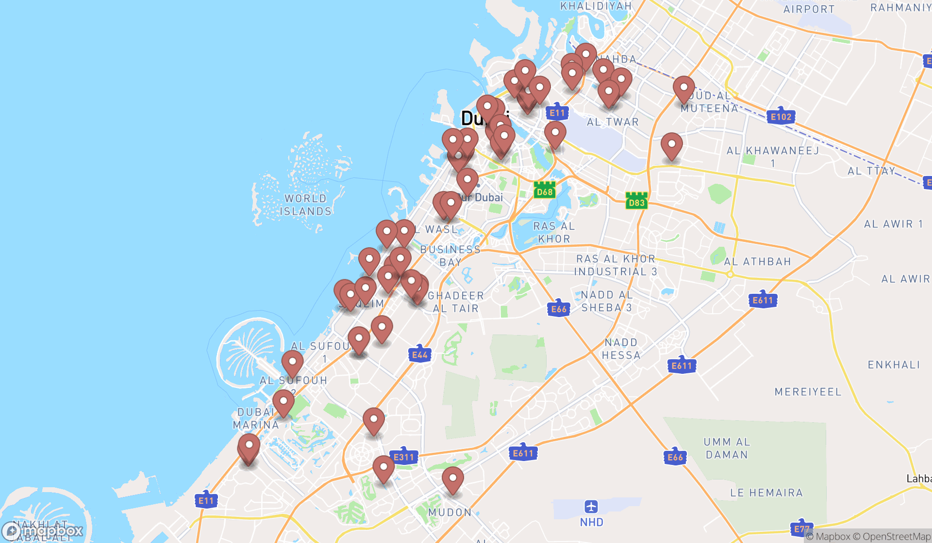Map showing the search results in Dubai