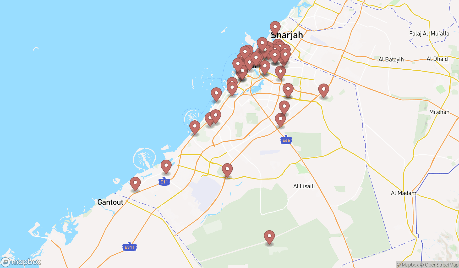 Map showing the search results in Dubai