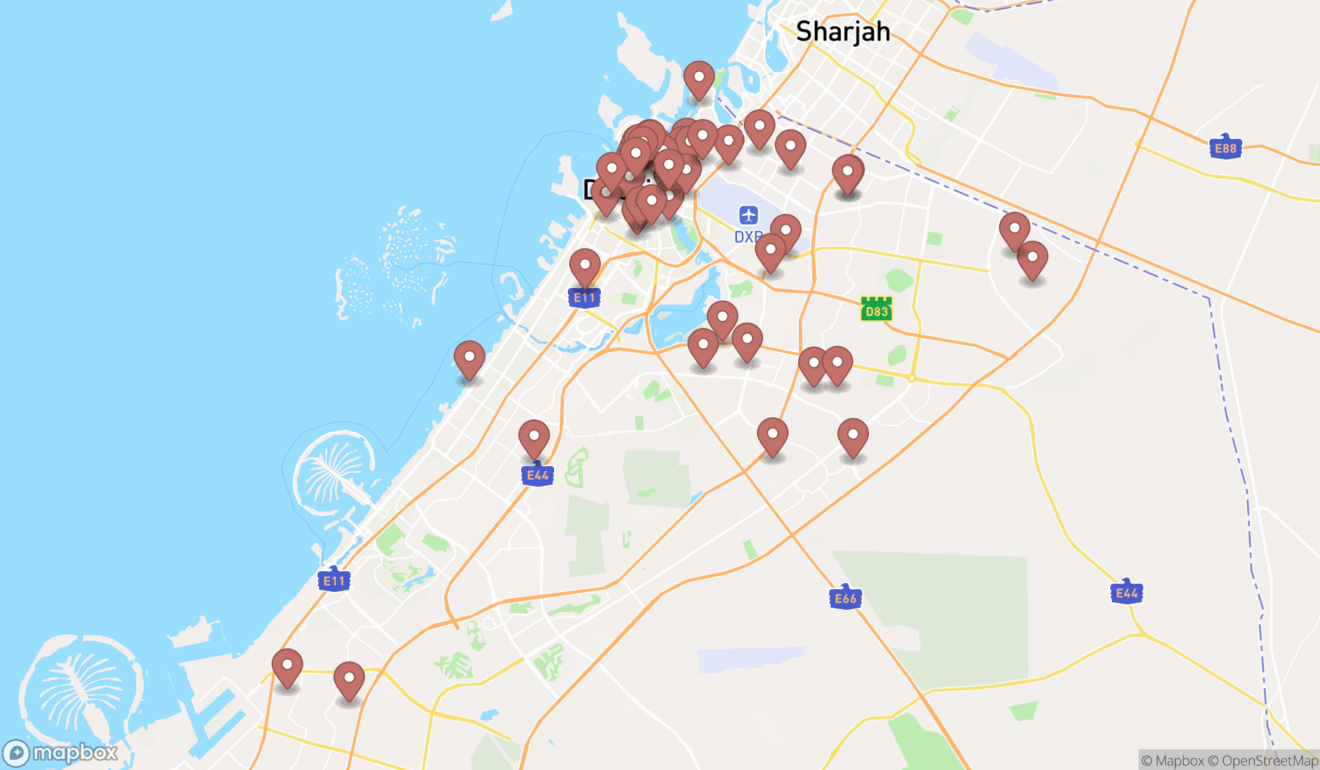 Map showing the search results in Dubai