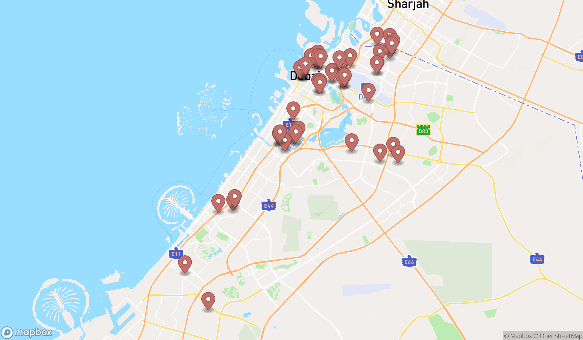 Map showing the search results in Dubai