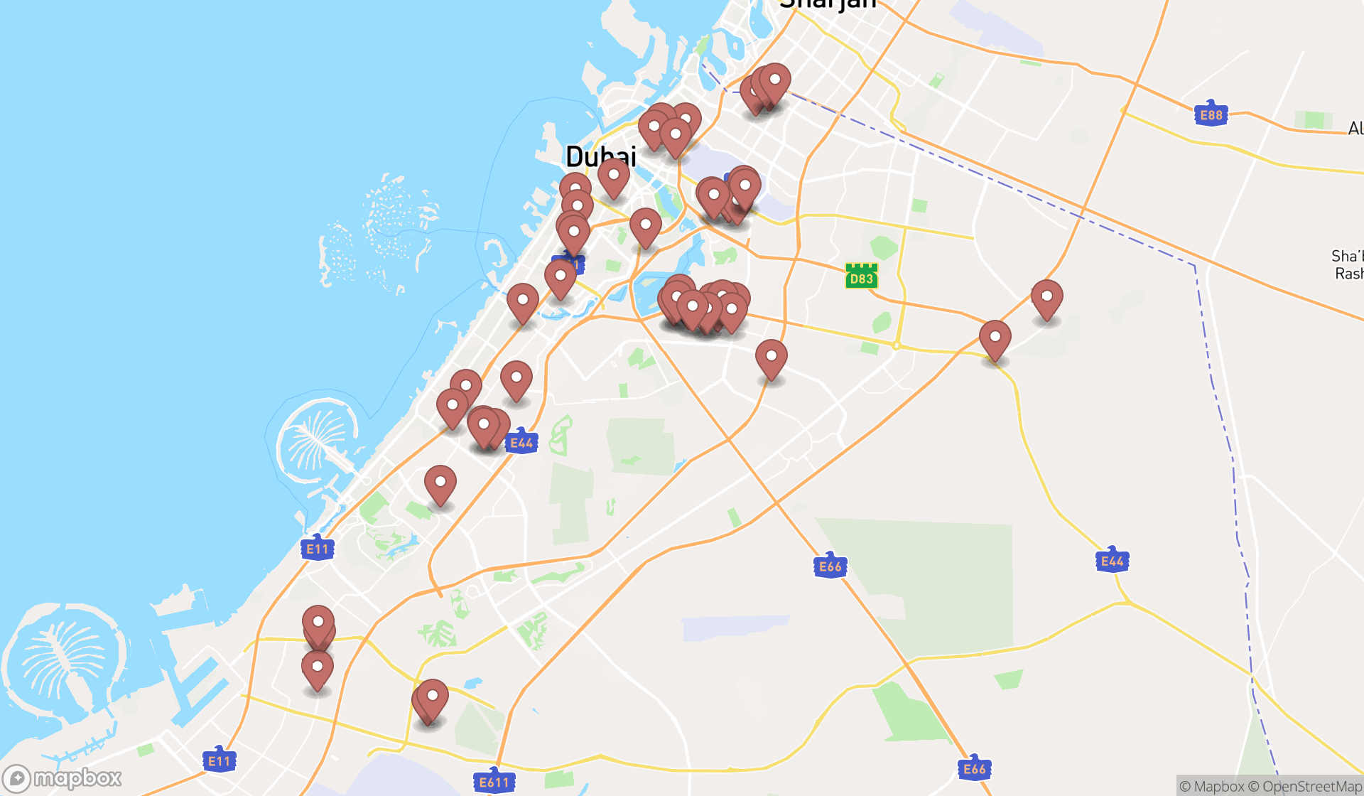 Map showing the search results in Dubai