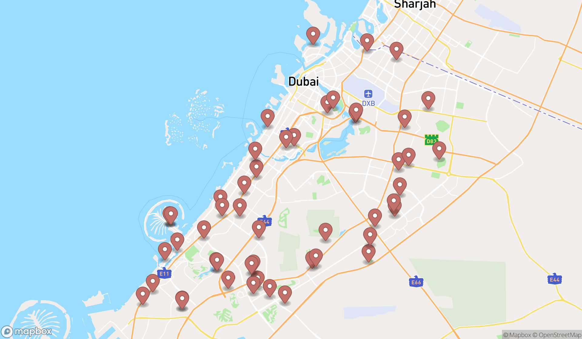 Map showing the search results in Dubai
