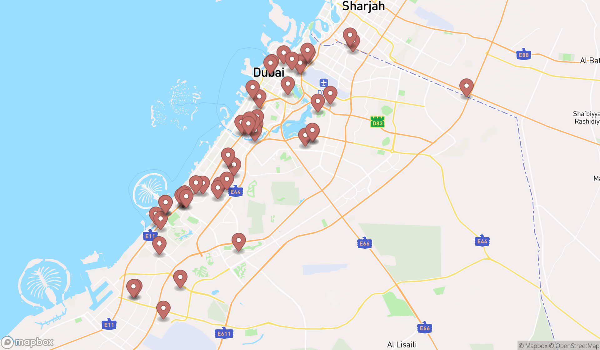 Map showing the search results in Dubai