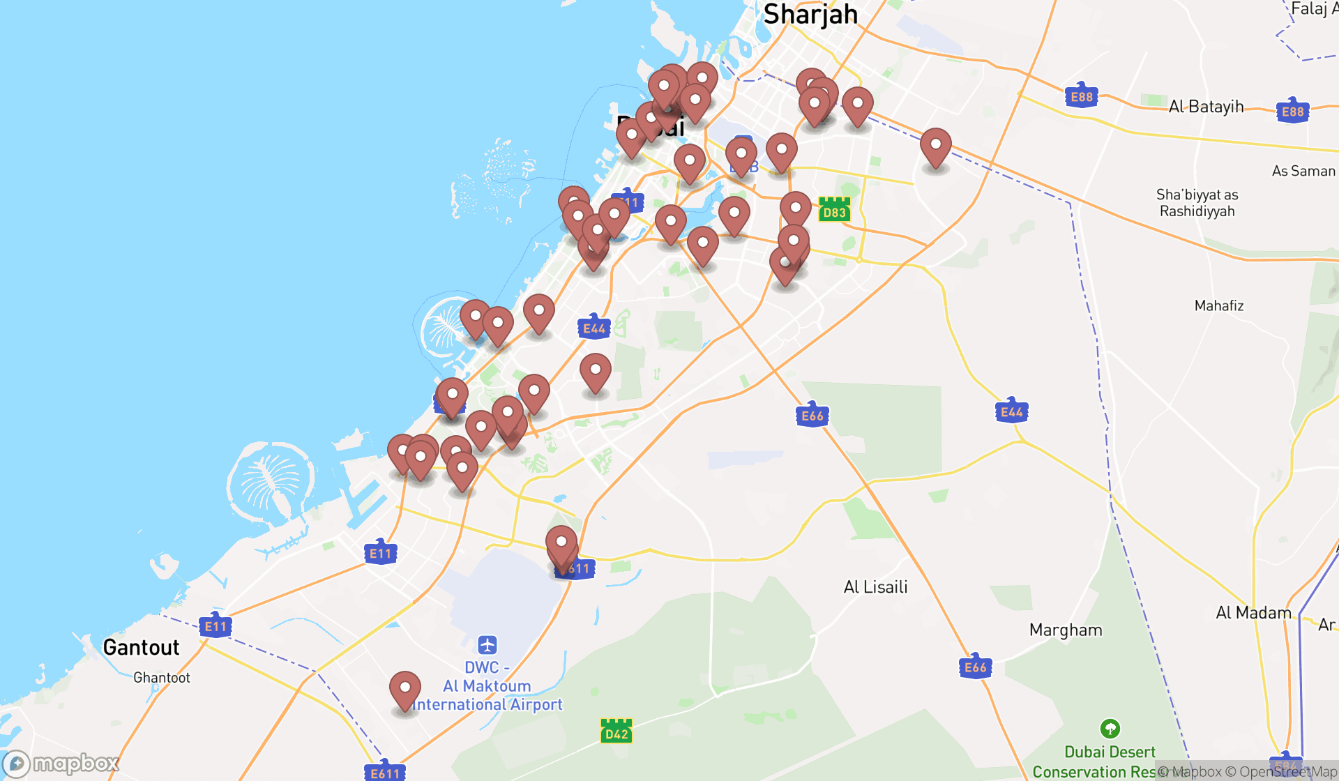 Map showing the search results in Dubai