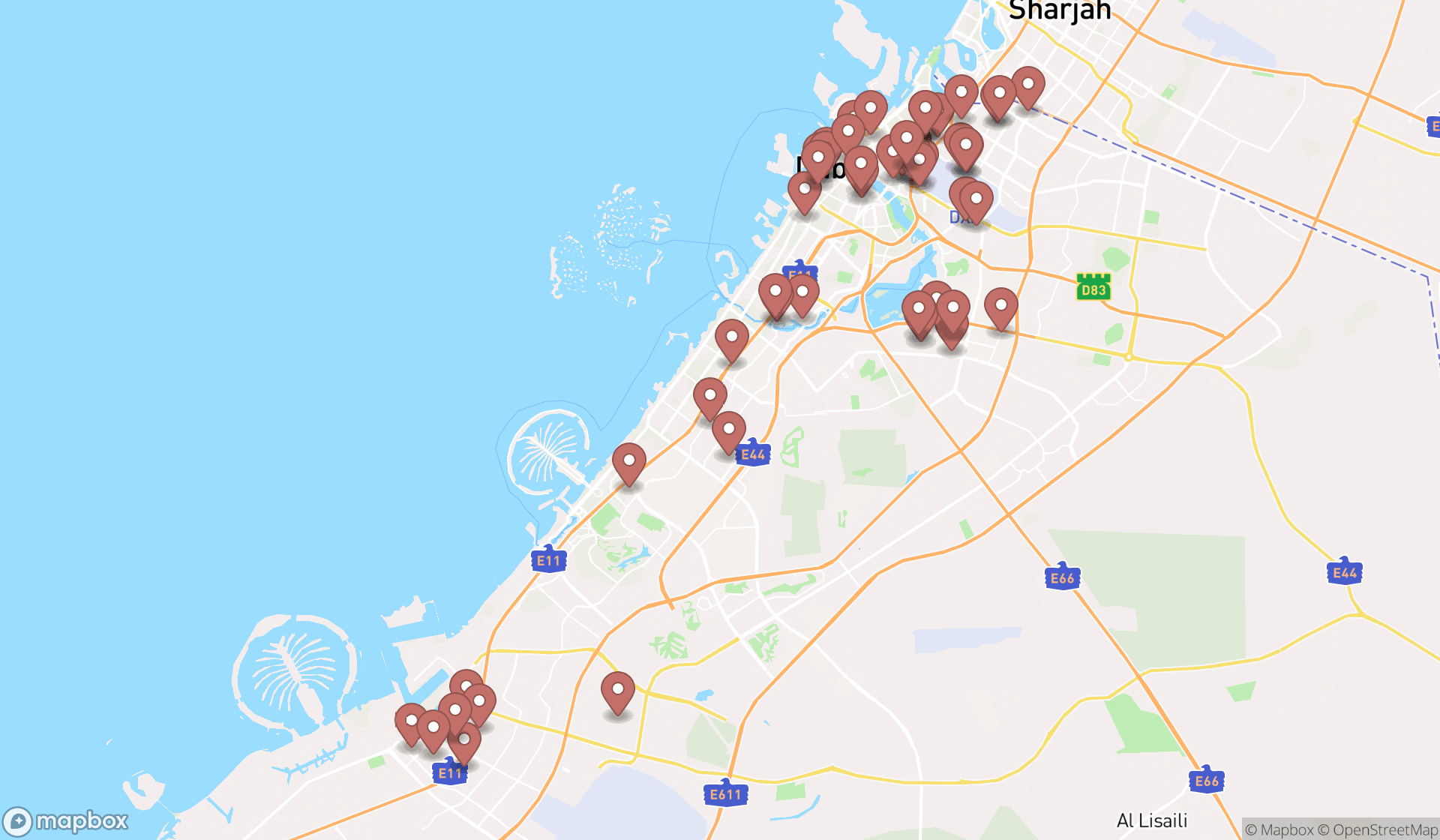 Map showing the search results in Dubai