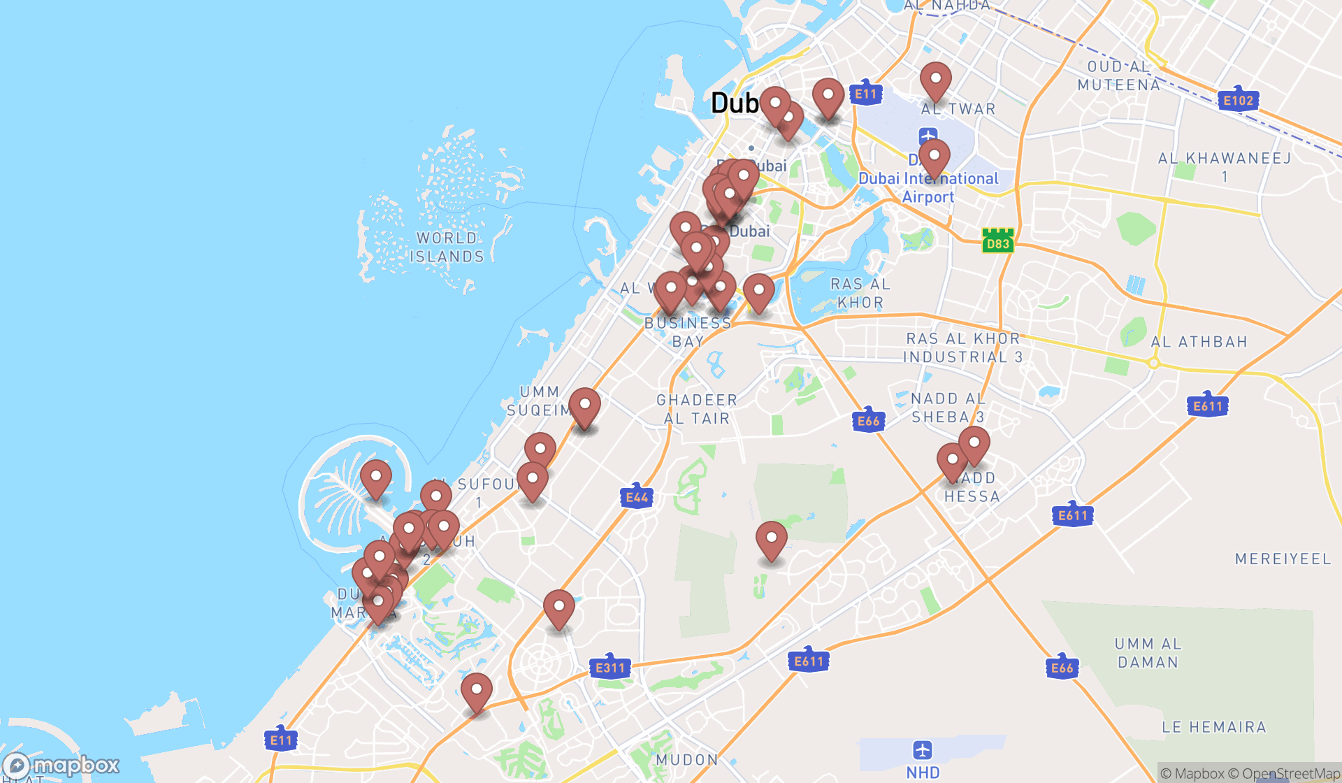 Map showing the search results in Dubai