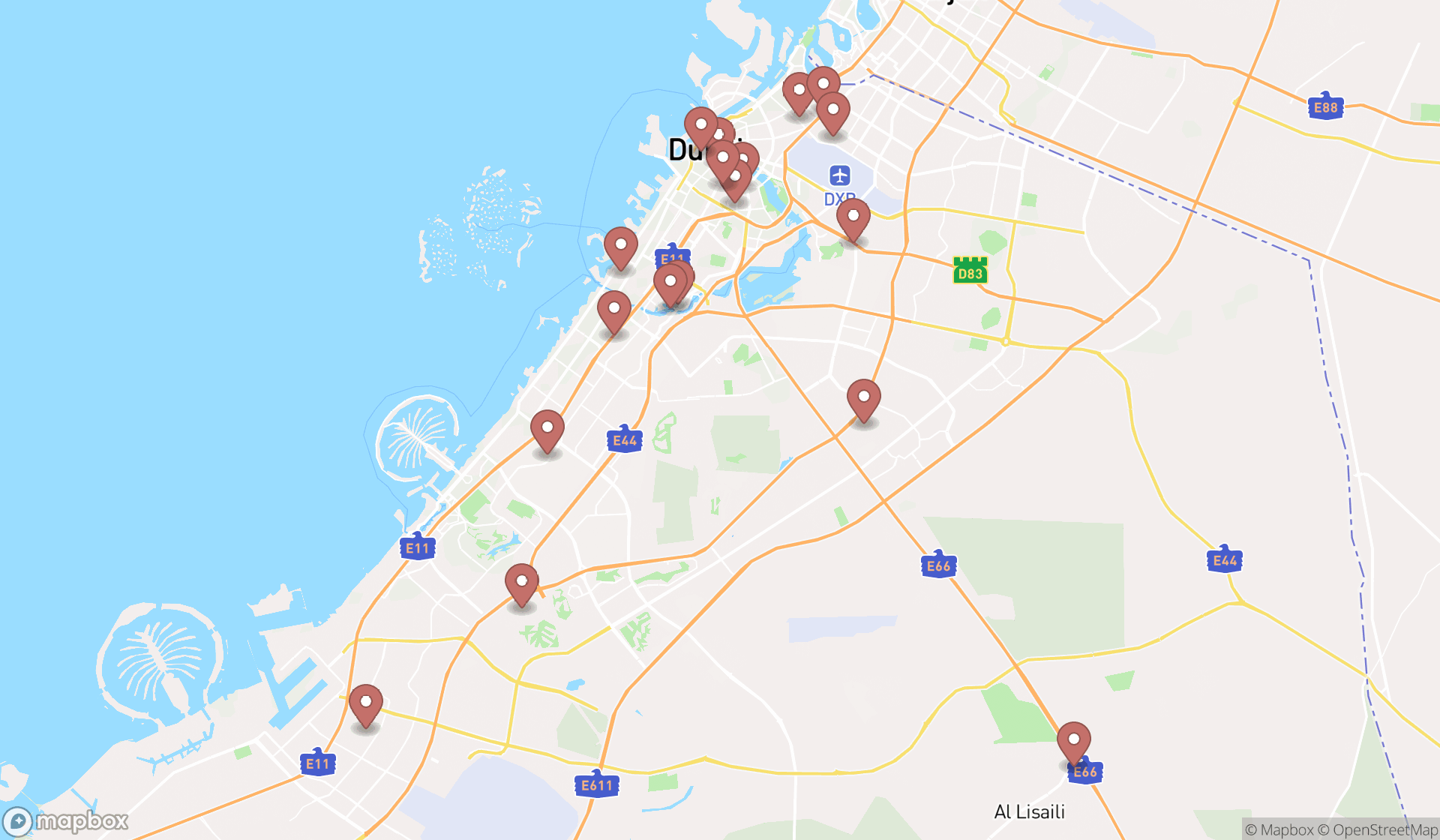 Map showing the search results in Dubai