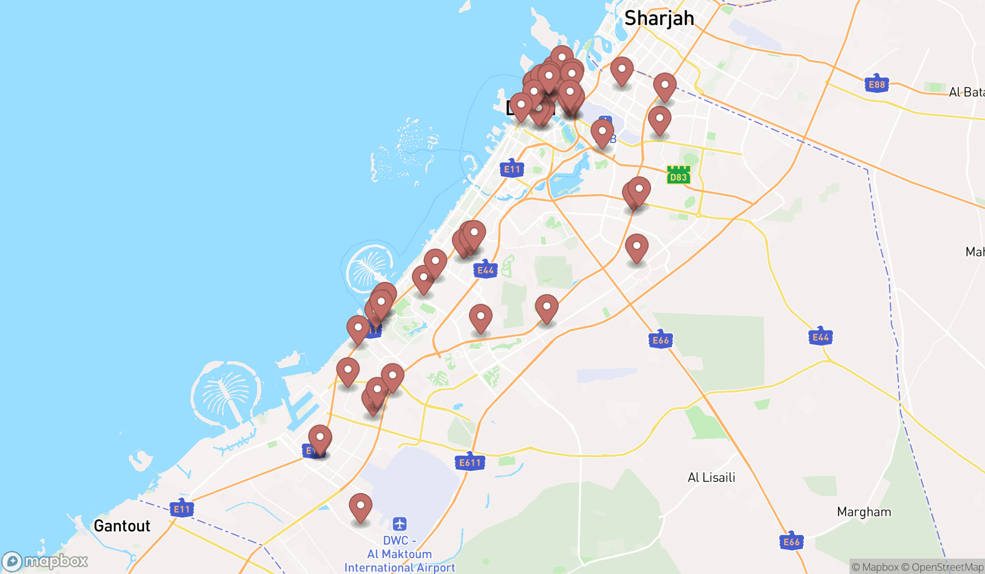 Map showing the search results in Dubai