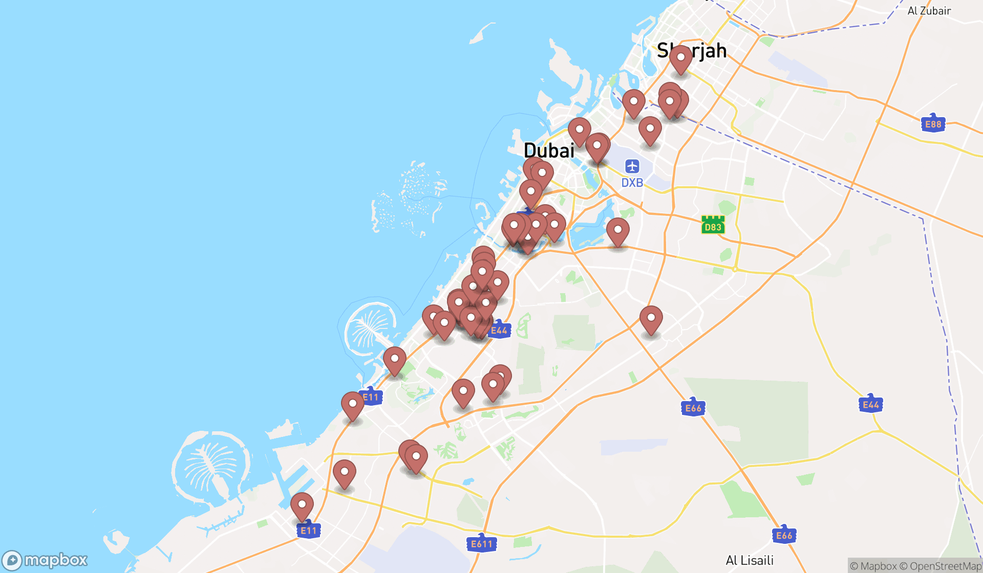 Map showing the search results in Dubai
