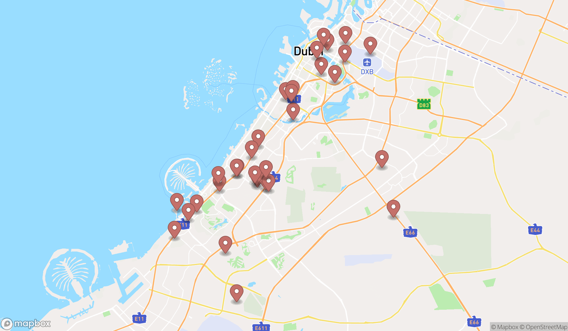 Map showing the search results in Dubai