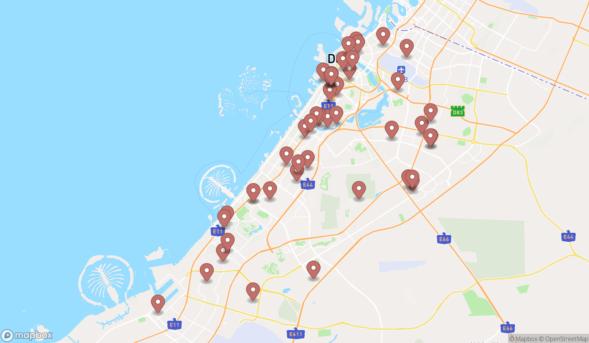 Map showing the search results in Dubai
