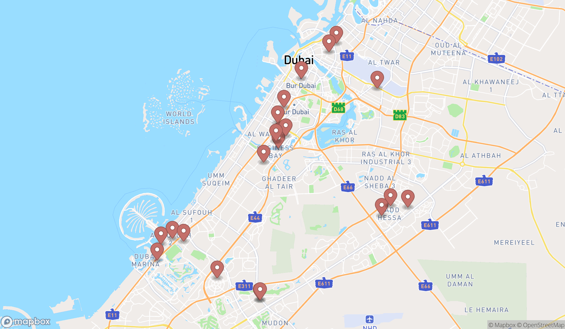 Map showing the search results in Dubai