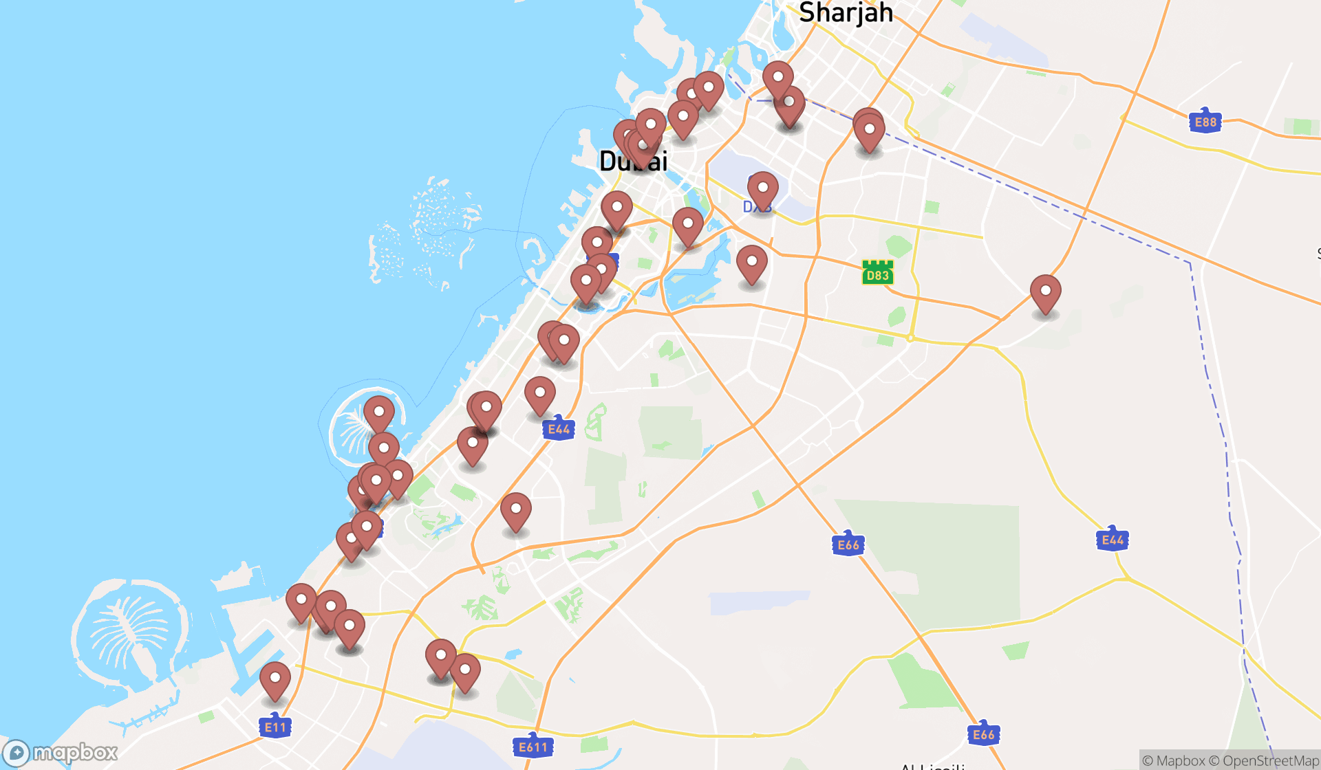 Map showing the search results in Dubai