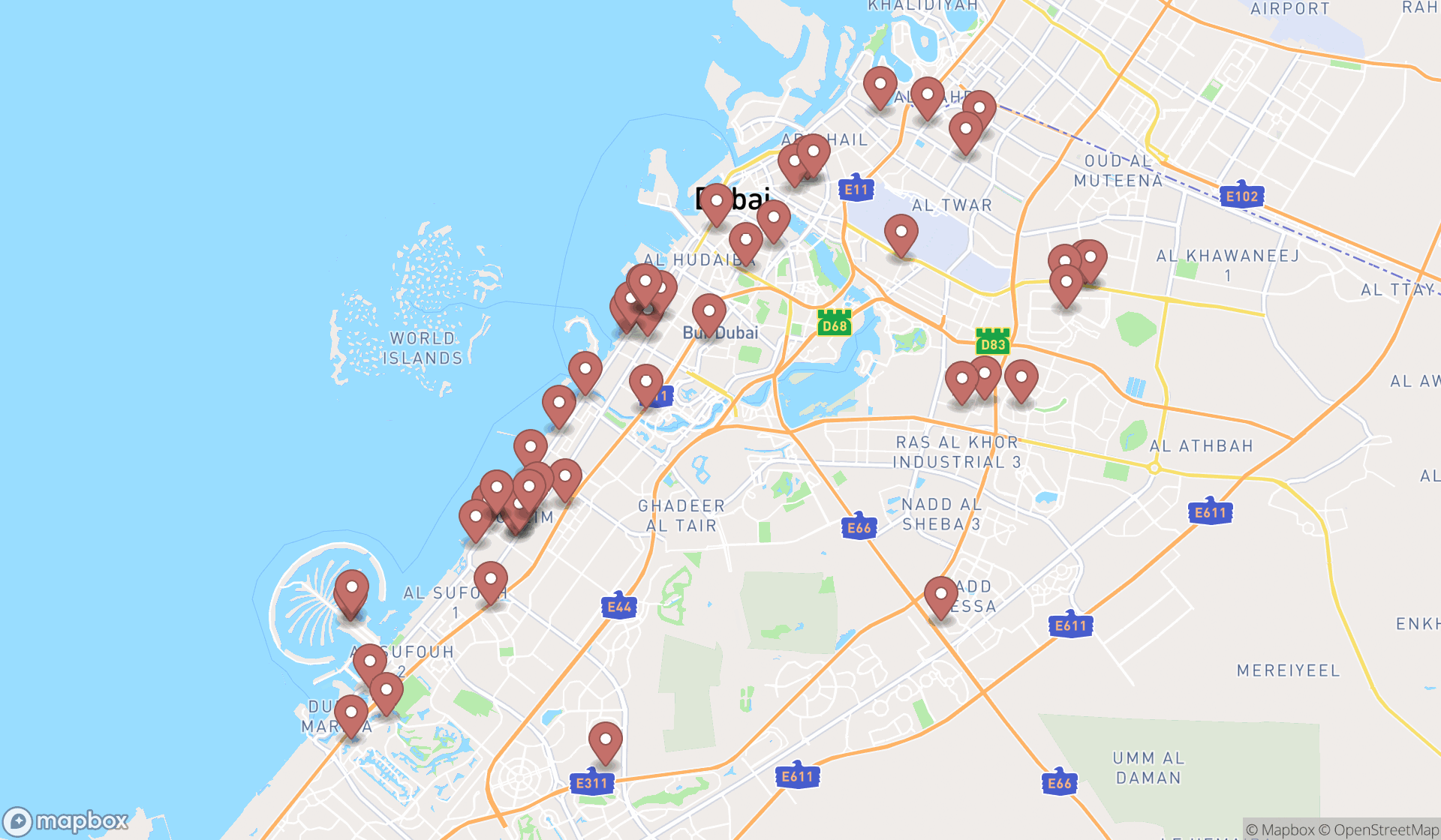 Map showing the search results in Dubai