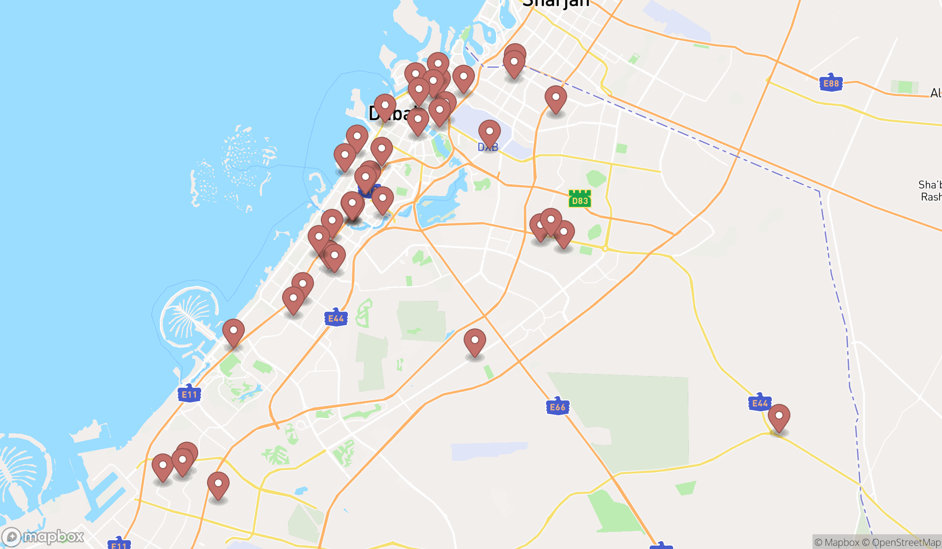 Map showing the search results in Dubai