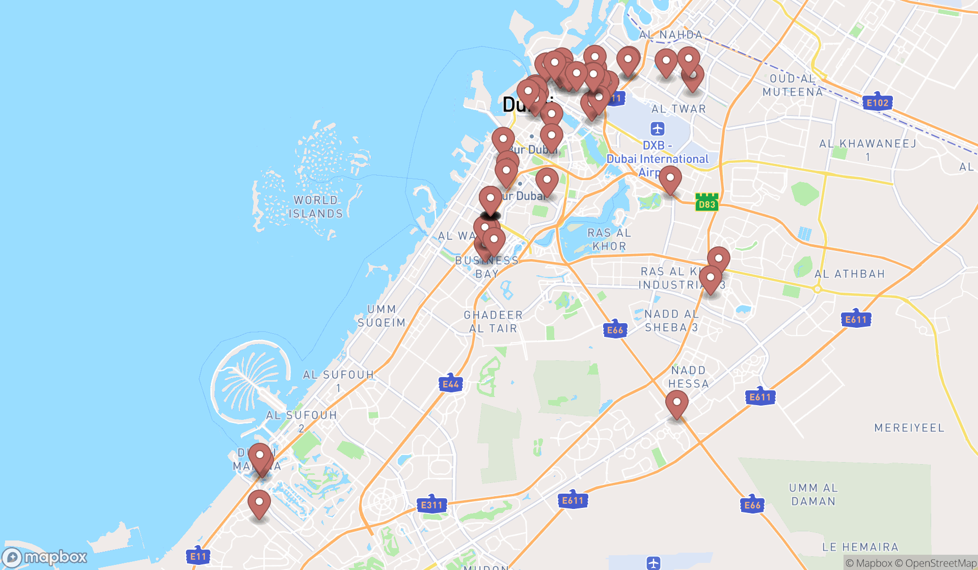 Map showing the search results in Dubai