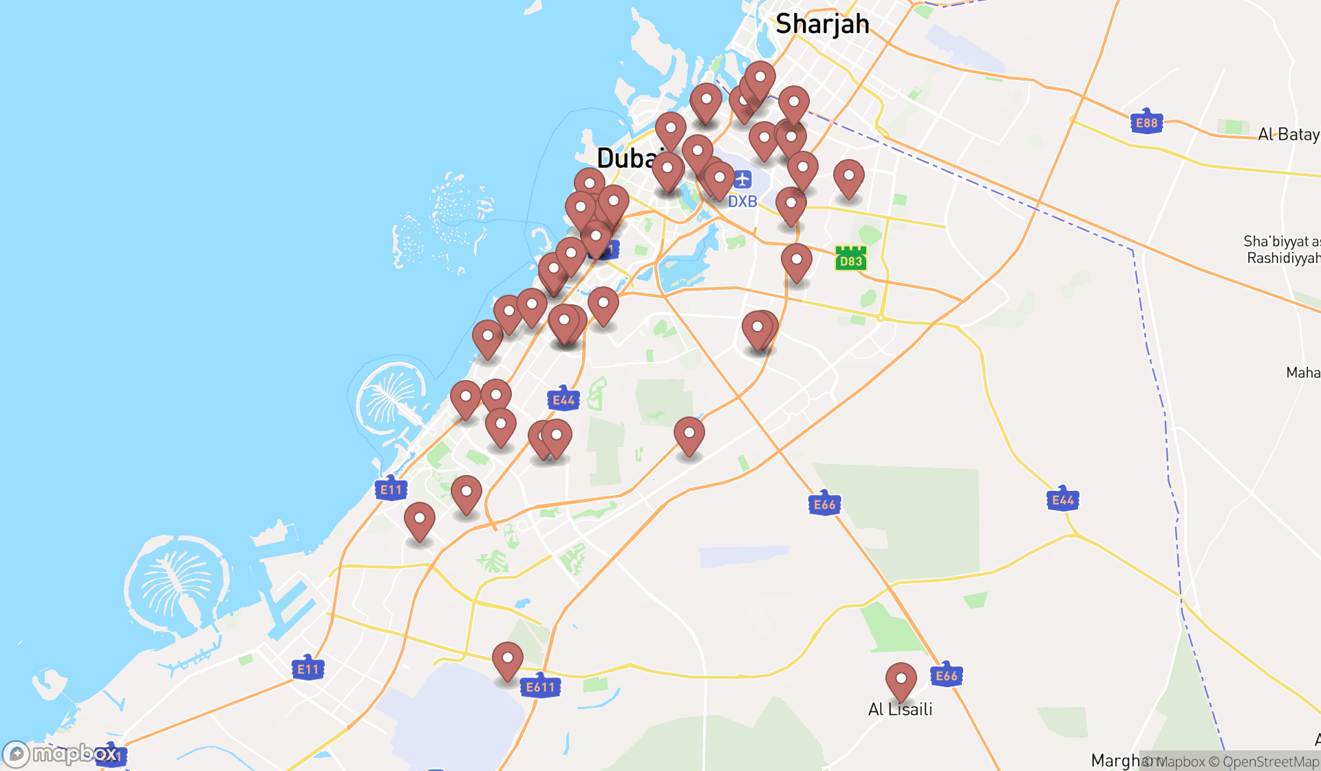 Map showing the search results in Dubai