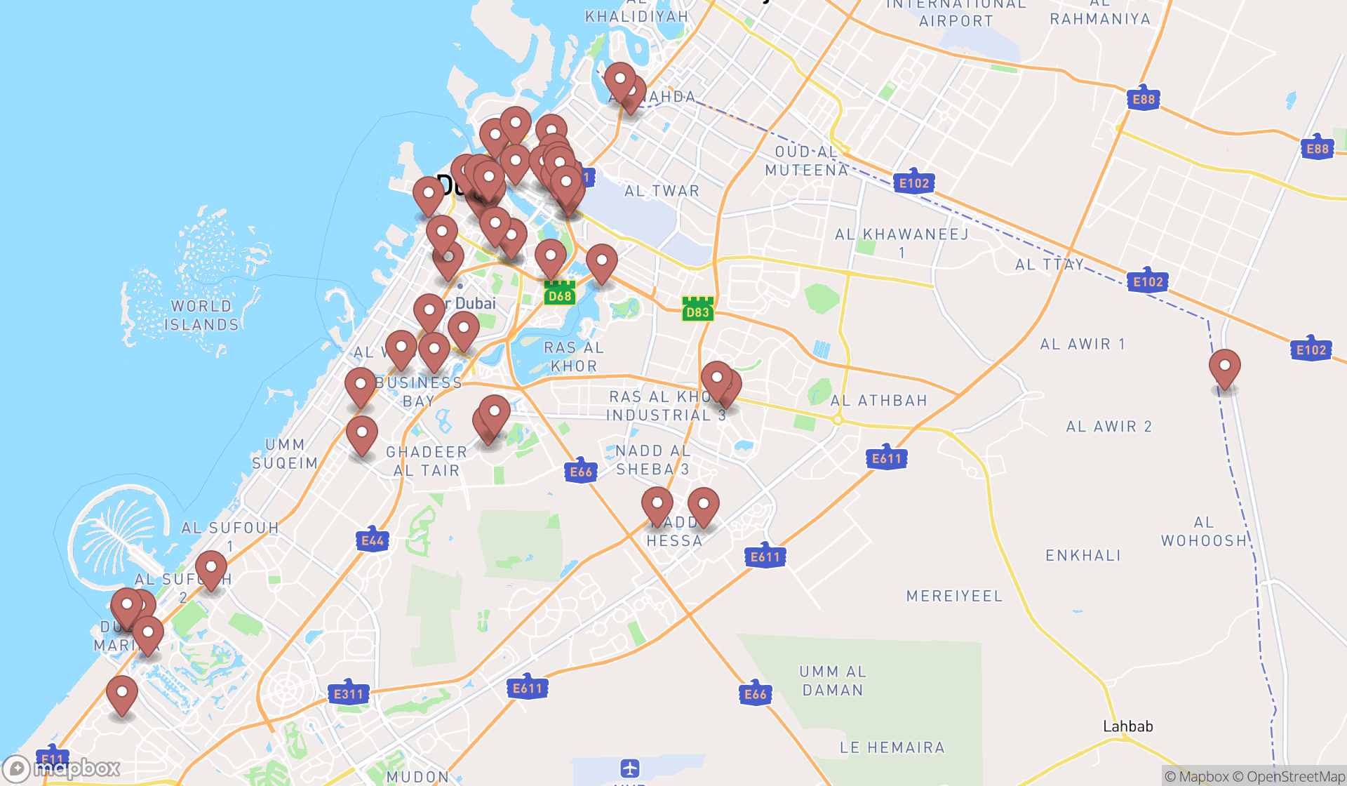 Map showing the search results in Dubai
