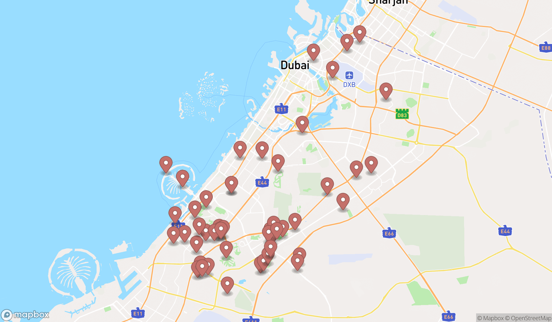 Map showing the search results in Dubai