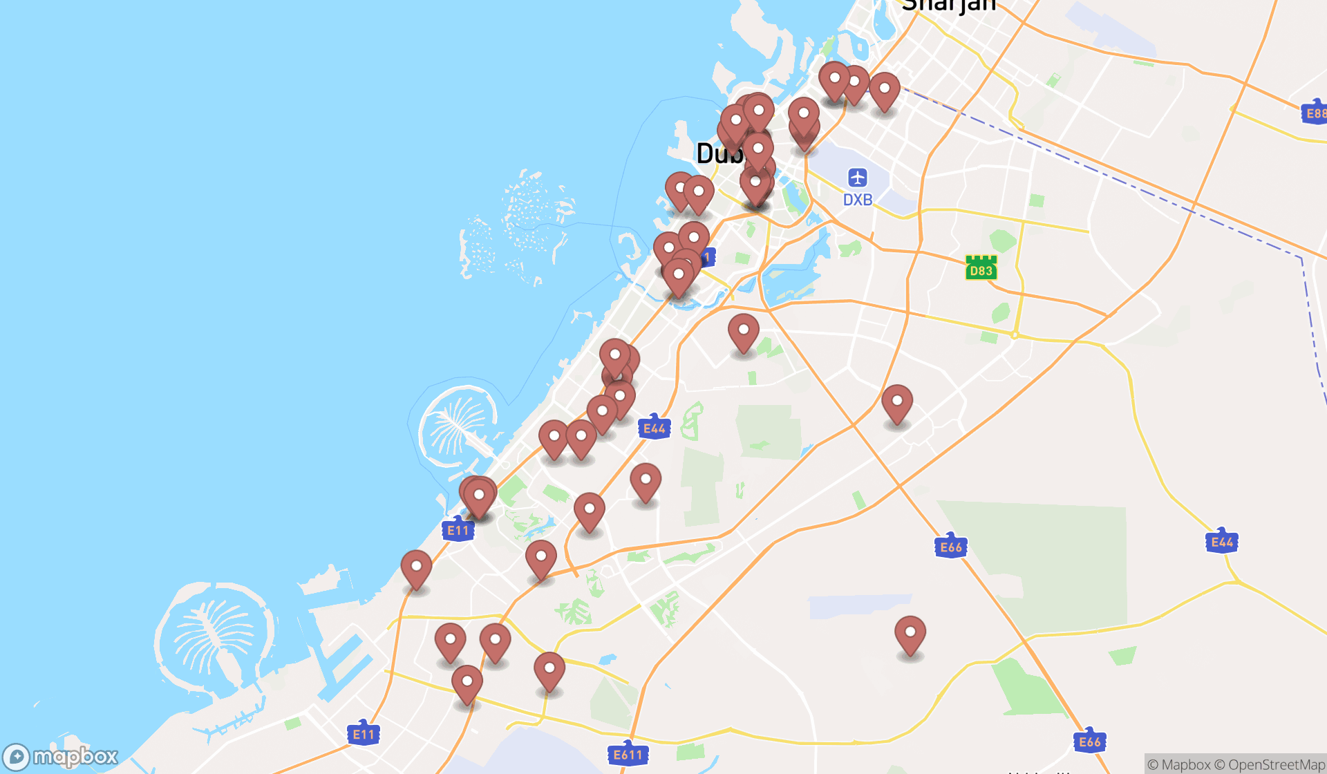 Map showing the search results in Dubai