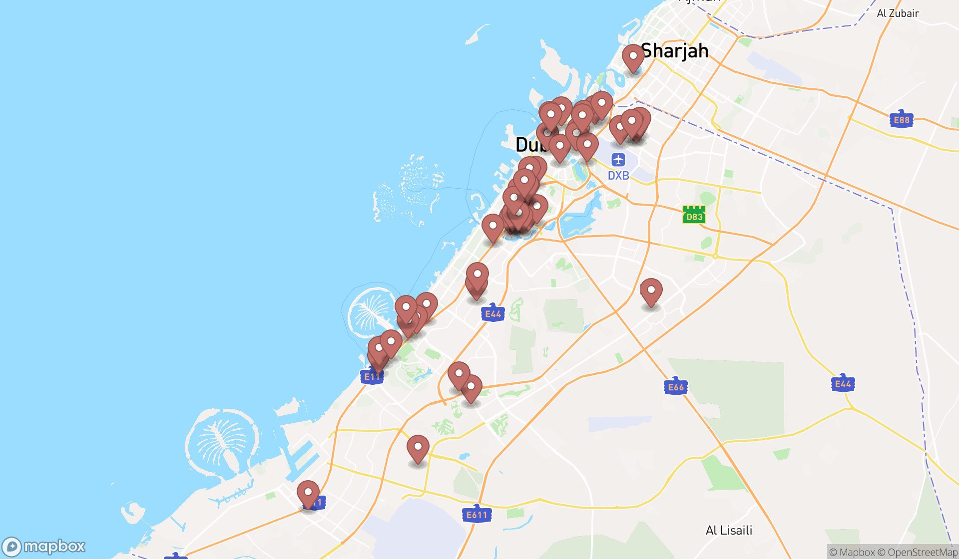 Map showing the search results in Dubai