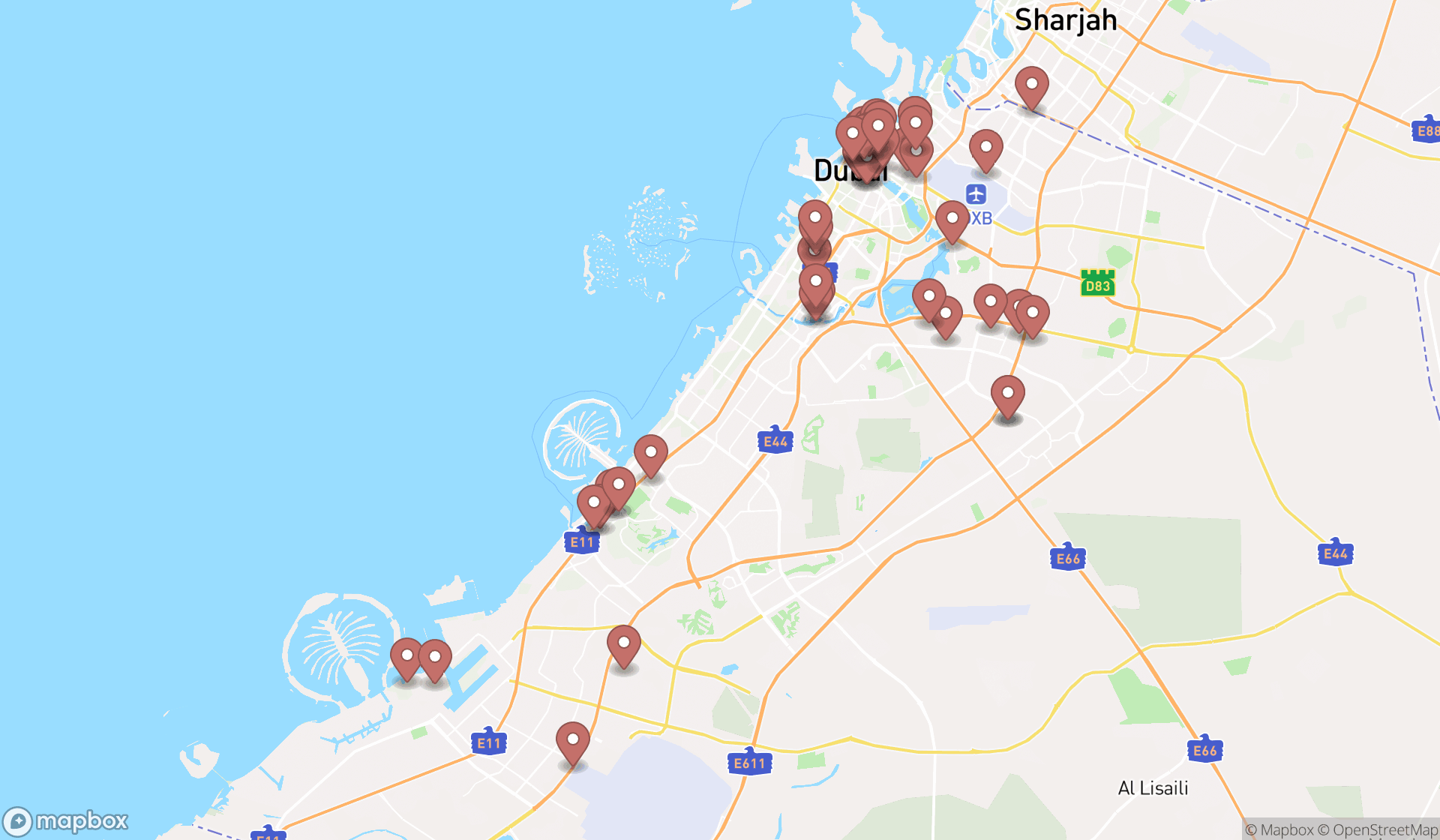 Map showing the search results in Dubai