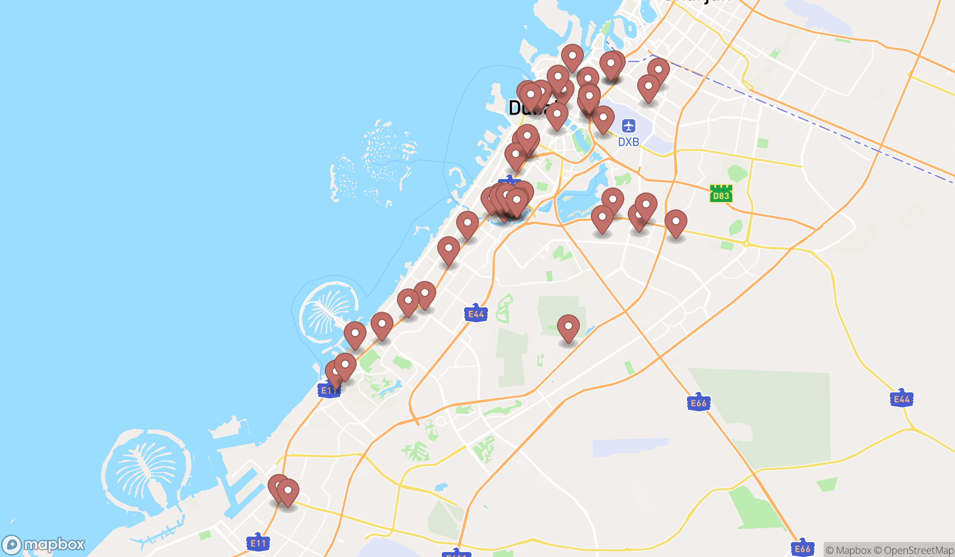 Map showing the search results in Dubai