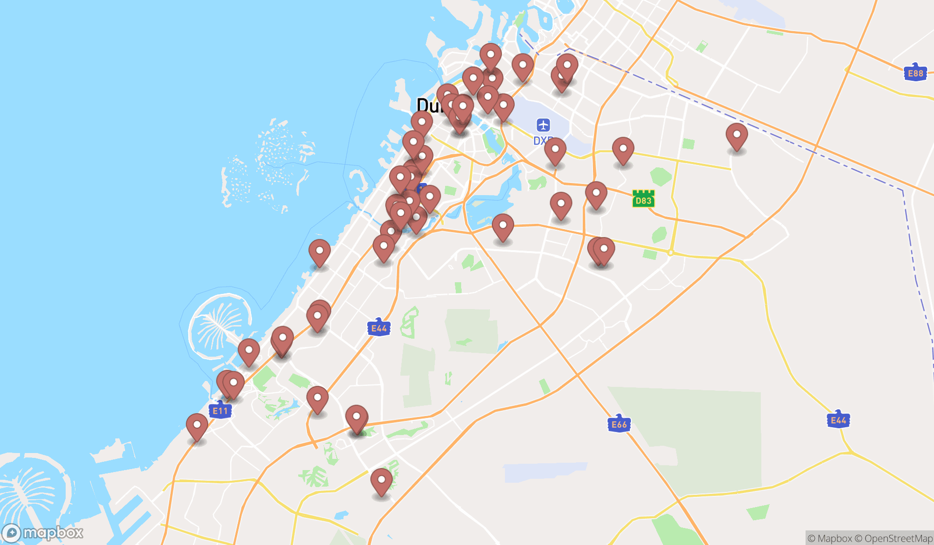 Map showing the search results in Dubai
