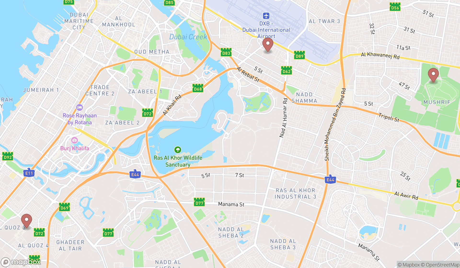 Map showing the search results in Dubai
