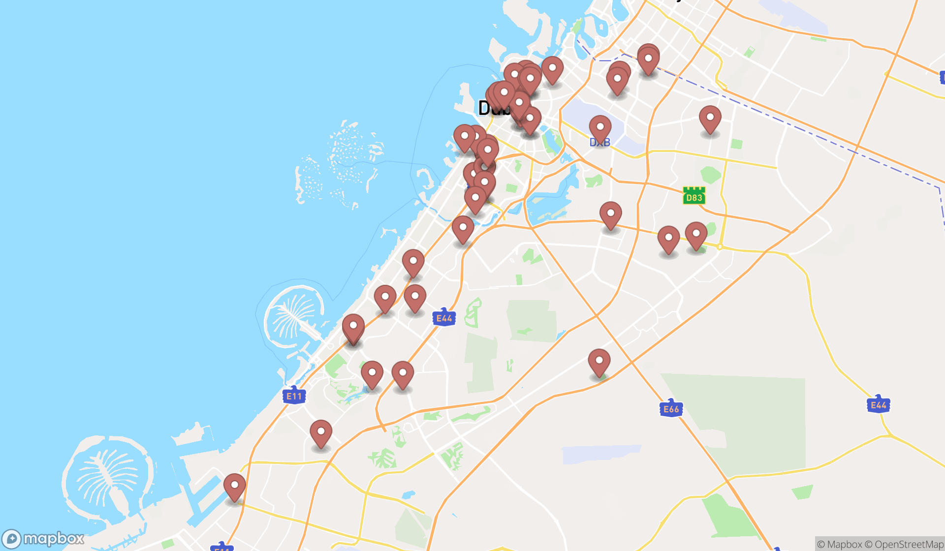 Map showing the search results in Dubai