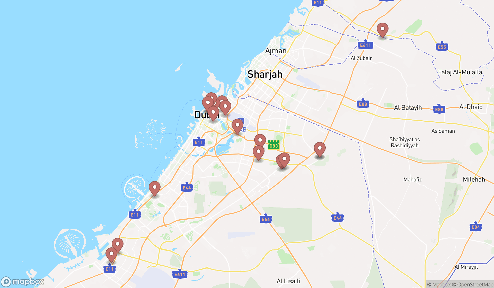 Map showing the search results in Dubai