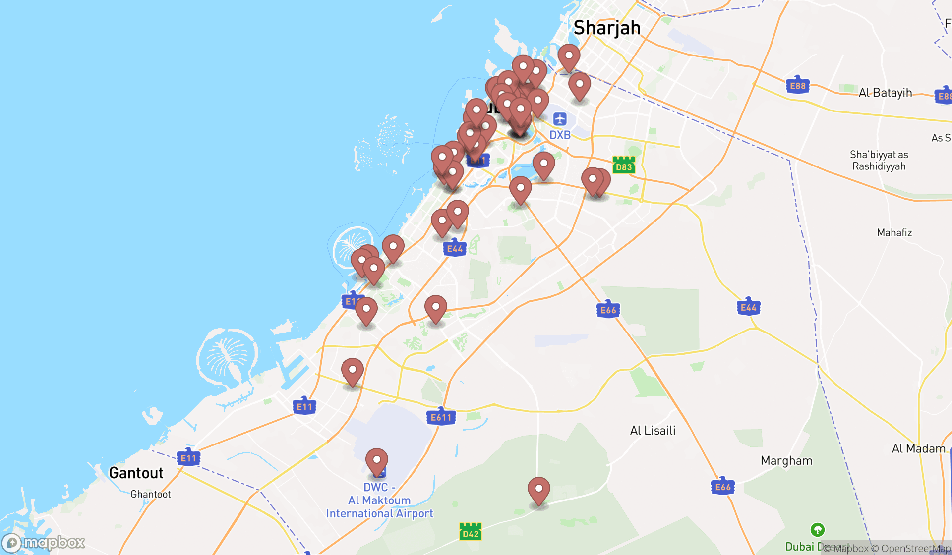 Map showing the search results in Dubai