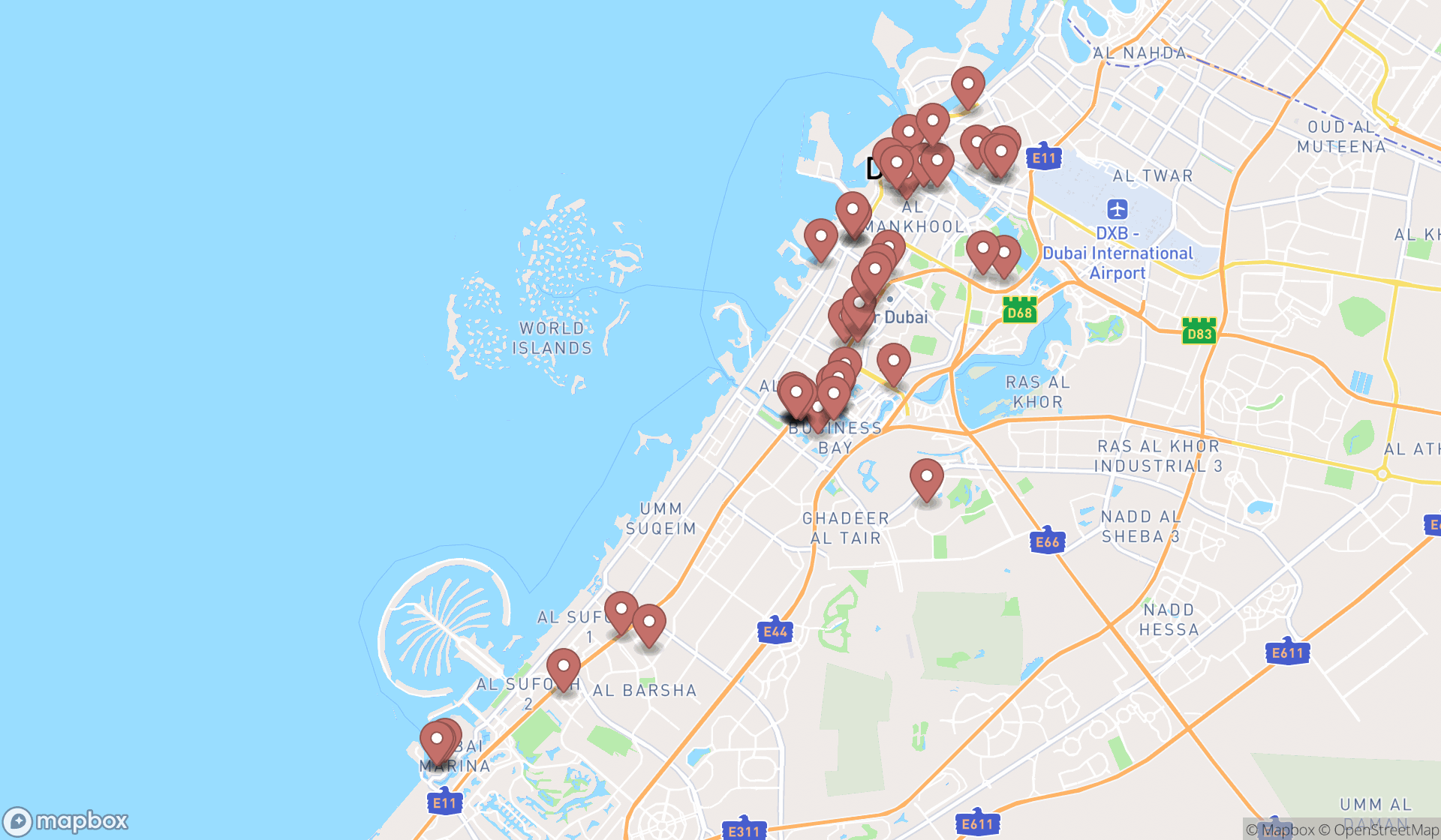 Map showing the search results in Dubai