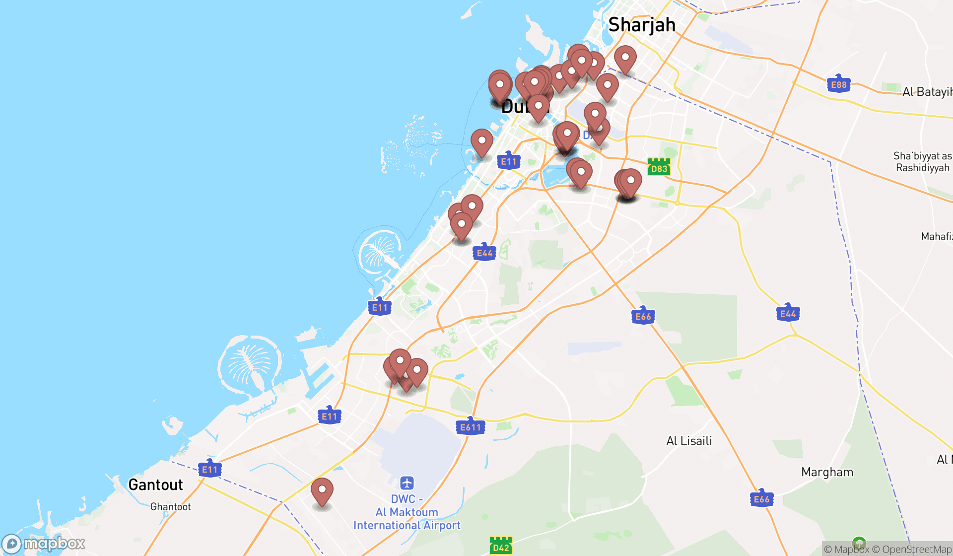 Map showing the search results in Dubai