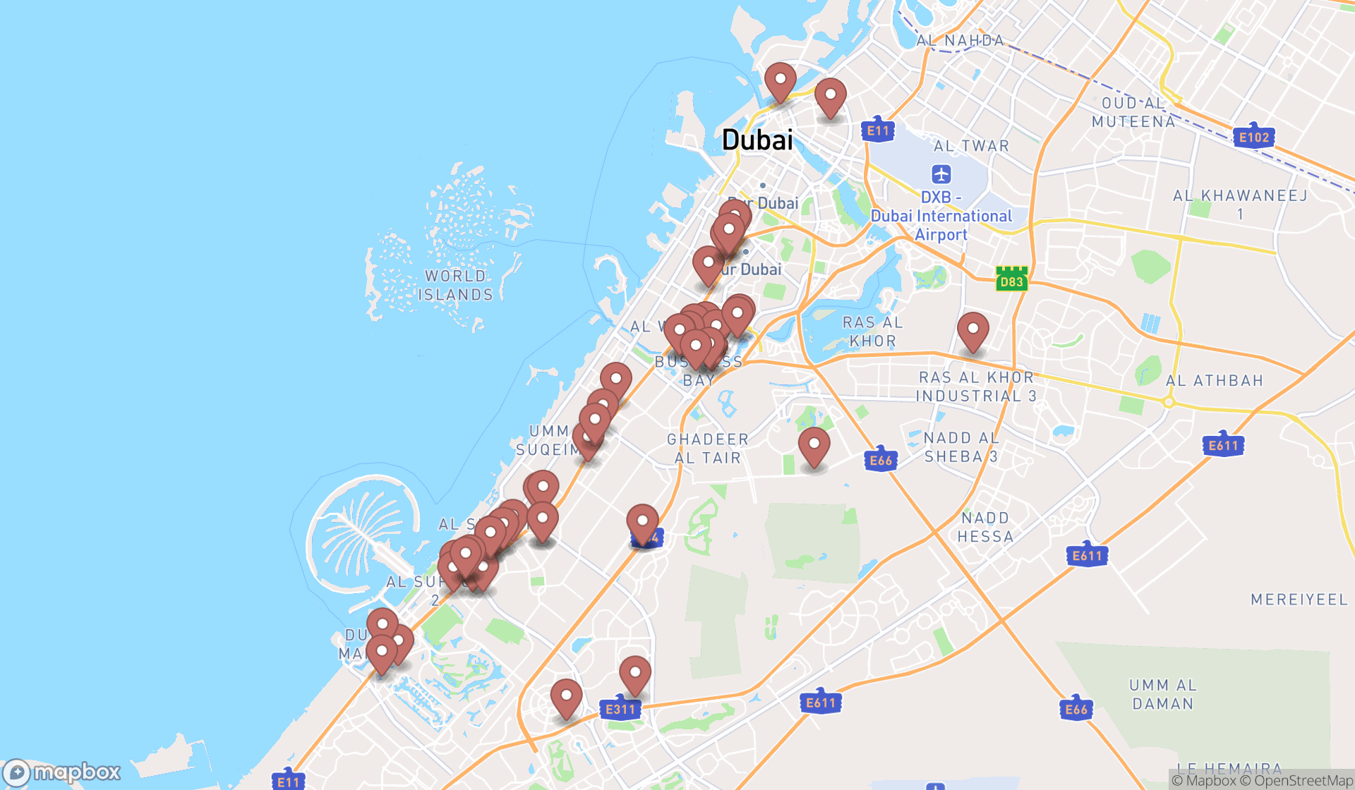 Map showing the search results in Dubai