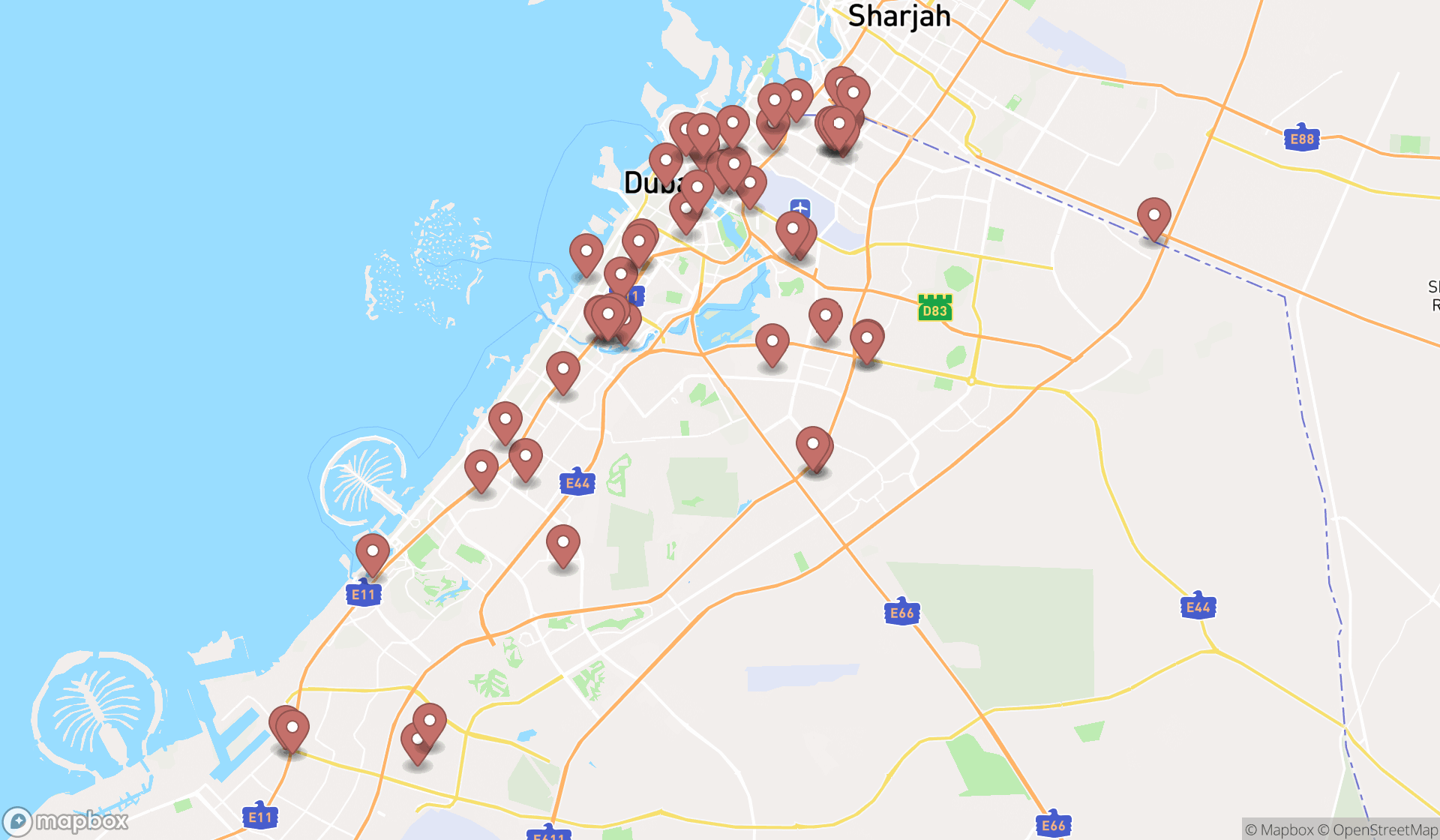Map showing the search results in Dubai