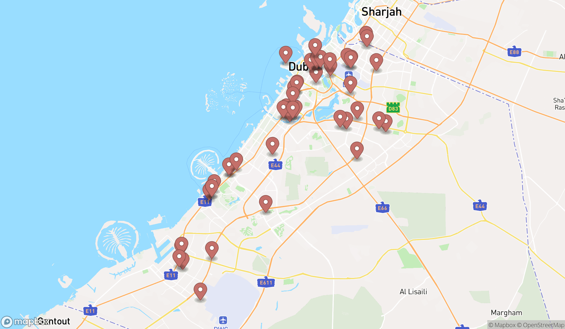 Map showing the search results in Dubai