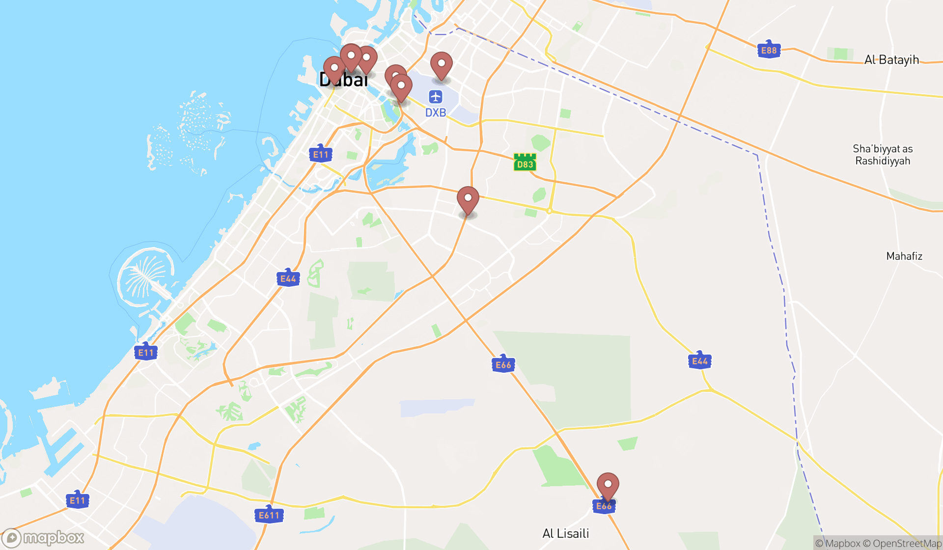 Map showing the search results in Dubai