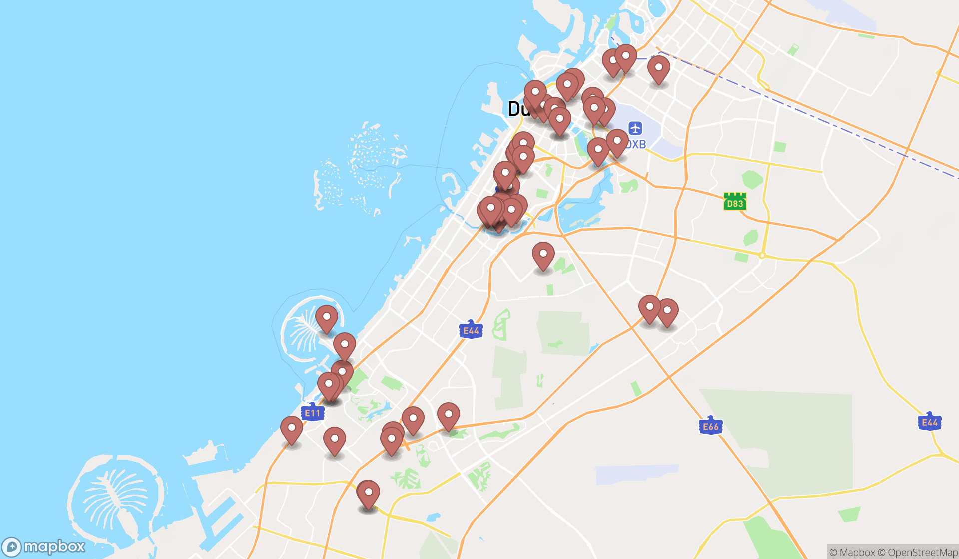 Map showing the search results in Dubai