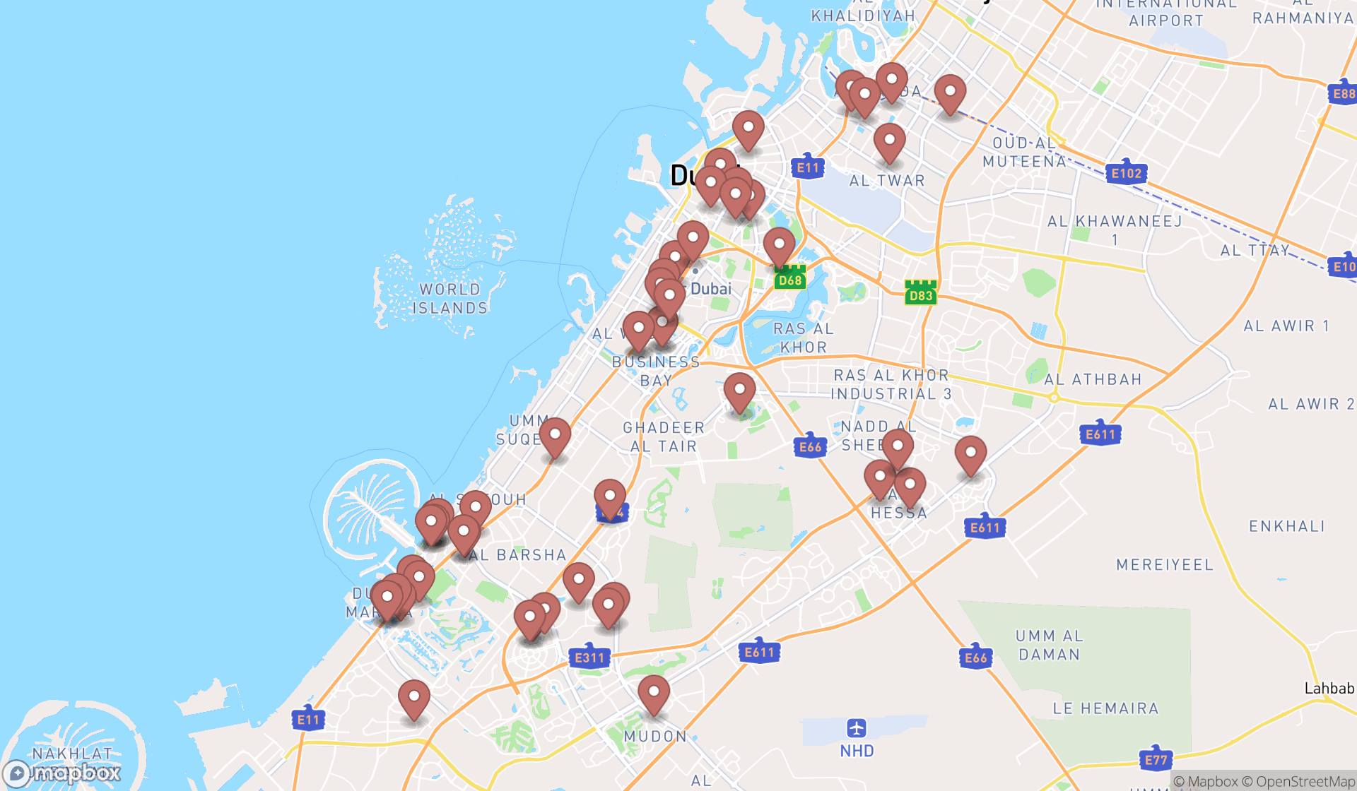 Map showing the search results in Dubai