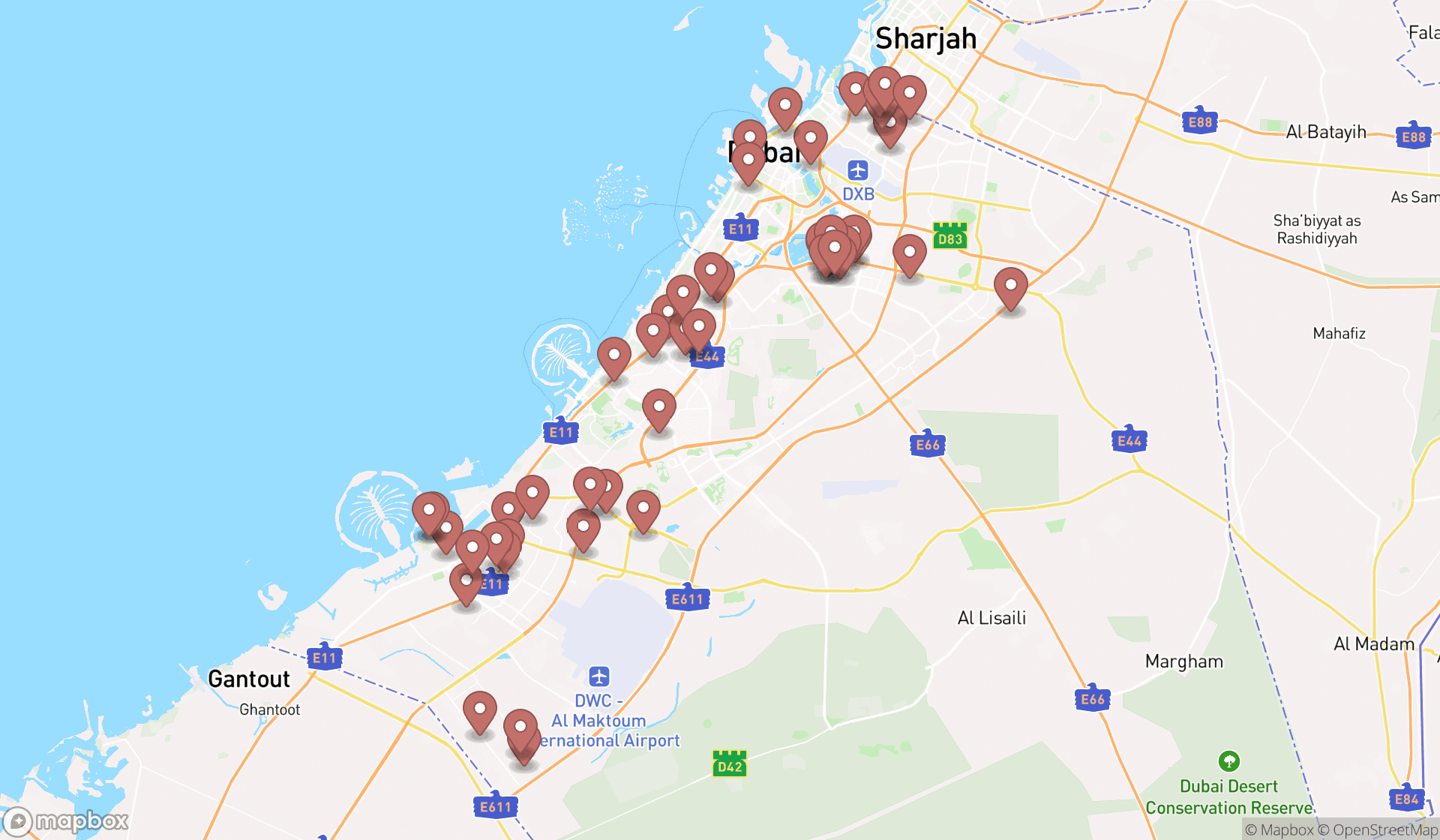 Map showing the search results in Dubai