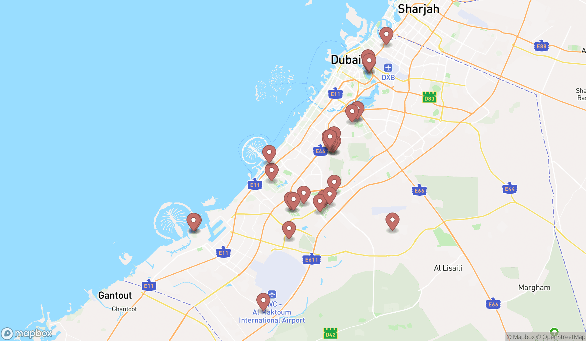 Map showing the search results in Dubai