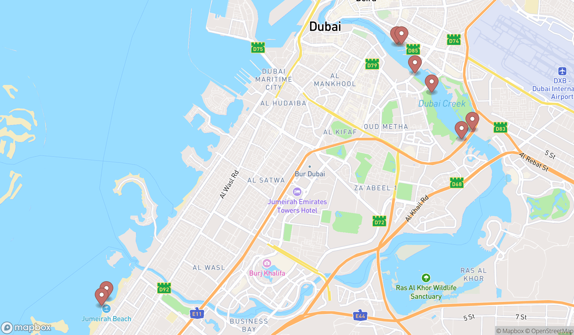 Map showing the search results in Dubai