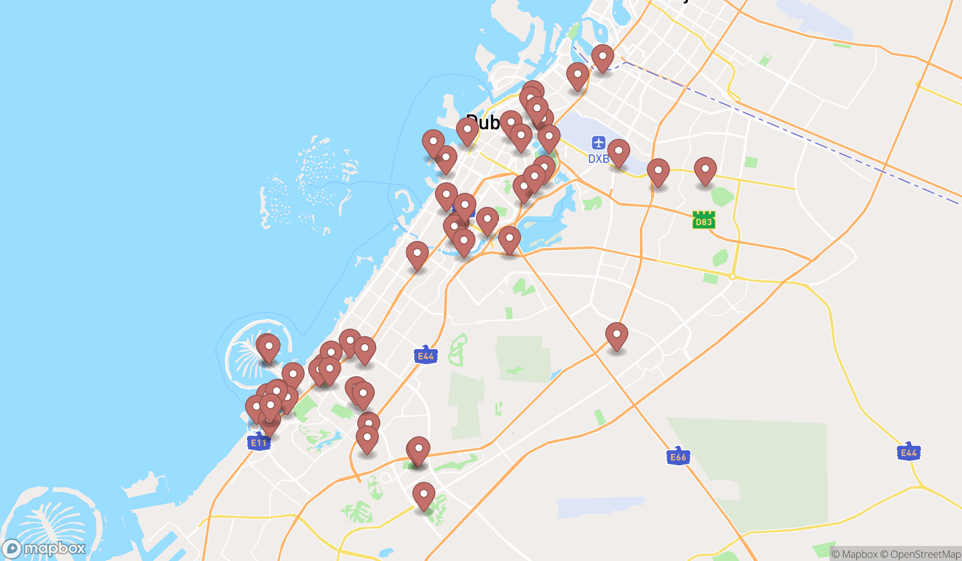 Map showing the search results in Dubai