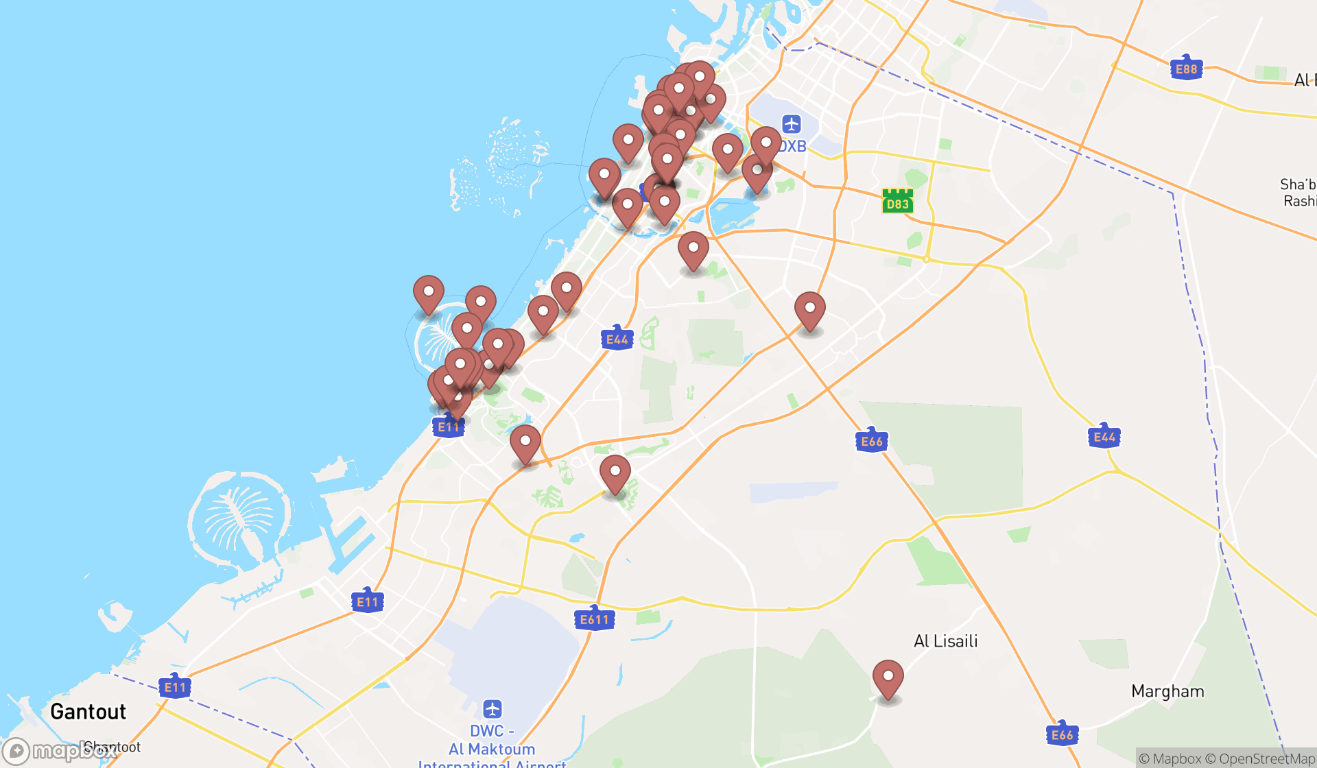 Map showing the search results in Dubai